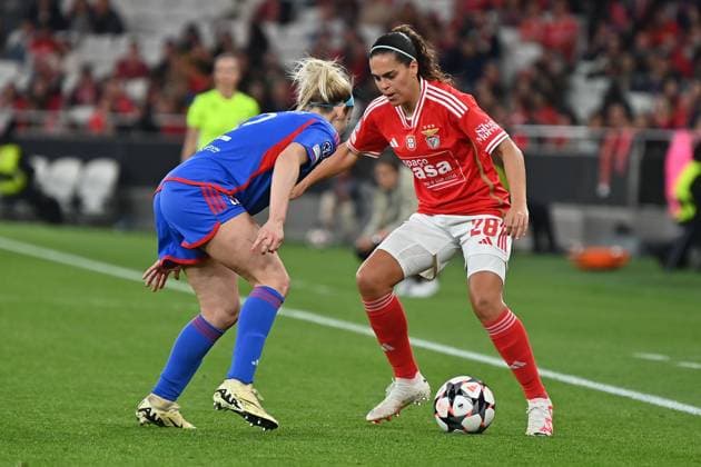 Lisbon, Portugal, Tuesday 19 March 2024 UEFA Women s Champions League 2023 24 1 4 Final SL Benfica - Olympique Lyon, Ellie Carpenter (Olympique Lyon), Andrea Falcon (SL Benfica), Zweikampf, Action, Aktion, Battles for the Ball Copyright: JoaquimxFerreira