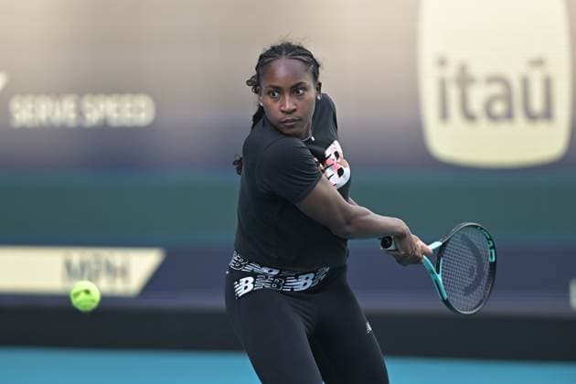 MIAMI GARDENS, FL - MARCH 19: Coco Gauff (USA) hits the ball during practice during the Miami Open on March 19, 2024, at Hard Rock Stadium in Miami Gardens, FL. (Photo by Michele Eve Sandberg Icon Sportswire)(Photo by Michele Eve Sandberg Icon Sportswire) TENNIS: MAR 19 Miami Open EDITORIAL USE ONLY Icon240304071