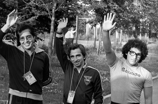 Moscow, USSR. Members of the Ecuador Olympic judo team Milton Estrella, coach Jose Desinavilla and Jimmy Arevalo (L-R) pose for a photo at the 1980 Summer Olympics. Valery Khristoforov TASS  1426578