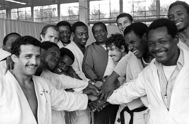 June 10-11, 1980. Moscow, USSR. Judokas from Algeria, Guinea and Cameroon pose for a photo at the training base of the Oktyabr (October) stadium during the 1980 Summer Olympics. The exact date of the photograph is unknown. Valery Khristoforov TASS  1452105