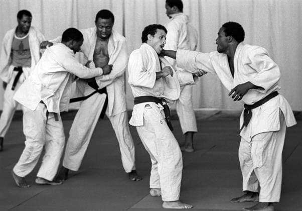June 10-11, 1980. USSR. Judokas from Algeria, Guinea and Cameroon have a training session at the Oktyabr (October) Stadium training base during the 1980 Summer Olympics. The exact date of the photograph is unknown. Valery Khristoforov TASS  1452106