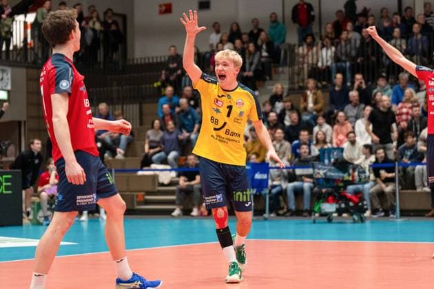 Jubel Ahmann, Mika (BADEN VOLLEYS SSC Karlsruhe, 1) GER, Baden VOLLEYS SSC Karlsruhe vs. Berlin Recycling Volleys Volleyball, Playoff Viertelfinale, Maenner, 20.03.2024 GER, Baden VOLLEYS SSC Karlsruhe vs. Berlin Recycling Volleys Volleyball, Playoff Viertelfinale, Maenner, 20.03.2024 Karlsruhe Copyright: xEibner-Pressefoto StefanxMayerx EP_SMR