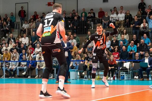 Jubel Robert Taeht (Berlin Recycling Volleys, 3) GER, Baden VOLLEYS SSC Karlsruhe vs. Berlin Recycling Volleys Volleyball, Playoff Viertelfinale, Maenner, 20.03.2024 GER, Baden VOLLEYS SSC Karlsruhe vs. Berlin Recycling Volleys Volleyball, Playoff Viertelfinale, Maenner, 20.03.2024 Karlsruhe Copyright: xEibner-Pressefoto StefanxMayerx EP_SMR