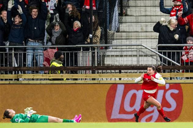 Fußball, Frauen, CL, SK Brann Bergen - FC Barcelona 240320 Cecilie Kvamme of Brann celebrates after scoring the 1-1 goal during the UEFA Women s Champions League quarterfinal football match between Brann and Barcelona on March 20, 2024 in Bergen. Photo: Marius Simensen BILDBYRAN Cop 238 barcelona bbeng brann champions league dam football fotball fotboll jubel kvartfinale quarter final tfk uefa women s champions league Copyright: MARIUSxSIMENSEN BB240320BB863