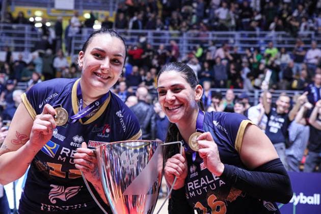 Volleyball CEV Cup Women match - Reale Mutua Fenera Chieri vs Viteos Neuchatel 11 Martha Evdokia Anthouli (Reale Mutua Fenera Chieri Ã¢& x80;& x99;76) and 16 Katerina Zakchaiou (Reale Mutua Fenera Chieri Ã¢& x80;& x99;76) during Reale Mutua Fenera Chieri vs Viteos Neuchatel, Volleyball CEV Cup Women match in Turin, Italy, March 20 2024 Turin Italy  Copyright: xIPAxSport ABACAx