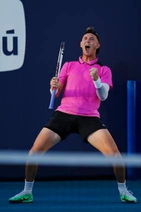 March 20, 2024, Miami, Florida, USA: Martin Damm (USA) celebrates after winning a point in the 2nd set tie breaker against Zhizhen Zhang (China) during the first round of menÃ¢â‚¬â ¢s singles at the Miami Open tennis tournament. Damm won the match 7-6, 7-6. Miami USA - ZUMAd212 20240320_zsp_d212_098 Copyright: xRichardxDolex