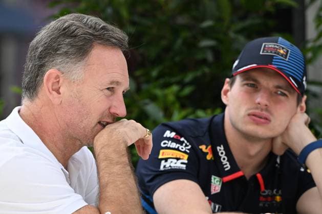 AUSTRALIAN F1 GRAND PRIX, Red Bull team principal Christian Horner (left) and Max Verstappen of Red Bull speak in the drivers paddock at the Albert Park Grand Prix Circuit in Melbourne, Thursday, March 21, 2024. ( NO ARCHIVING, EDITORIAL USE ONLY, NO USE IN BOOKS WITHOUT CONSENT MELBOURNE VICTORIA AUSTRALIA  Copyright: xJOELxCARRETTx 20240321001920503918