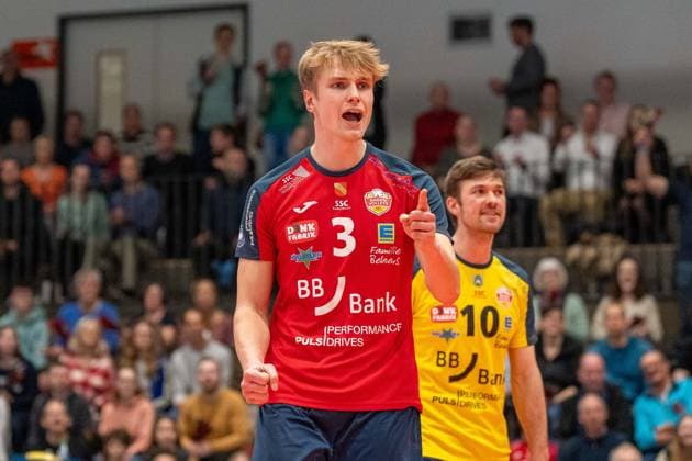 Jubel Brentel, Jannik (BADEN VOLLEYS SSC Karlsruhe, 3), GER, Volleyball, Playoff Viertelfinale, Maenner, Baden VOLLEYS SSC Karlsruhe vs. Berlin Recycling Volleys, 20.03.2024, GER, Volleyball, Playoff Viertelfinale, Maenner, Baden VOLLEYS SSC Karlsruhe vs. Berlin Recycling Volleys, 20.03.2024 Karlsruhe Copyright: xEibner-Pressefoto StefanxMayerx EP_SMR