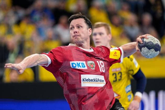 Hans Lindberg (Füchse, 18), Einzelbild, Einzelfoto, beim Siebenmeter, 7-Meter, Strafwurf, Spielszene, Action, Aktion, 21.03.2024, Mannheim (Deutschland), Handball, Bundesliga, Rhein-Neckar Löwen - Füchse Berlin