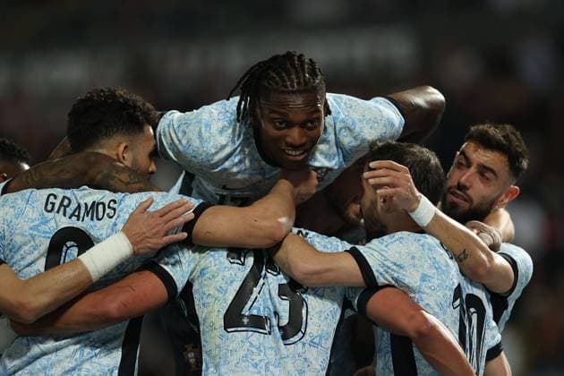 Guimaraes, Portugal, Thursday 21 March 2024 UEFA Friendly Matches Portugal -Sweden, Torjubel, Goal celebration, celebrate the goal um Matheus Nunes (Portugal), Rafael Leao (Portugal), Bruno Fernandes (Portugal) Copyright: JoaquimxFerreira