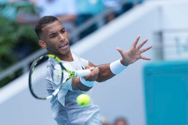March 21, 2024, Miami, Florida, USA: Felix Auger-Aliassime (Canada) hits a forehand against Adam Walton (Australia) during the first round of menÃ¢â‚¬â ¢s singles at the Miami Open tennis tournament. Auger-Aliassime won the match 7-5, 6-4. during the first round of menÃ¢â‚¬â ¢s singles at the Miami Open tennis tournament. Miami USA - ZUMAd212 20240321_zsp_d212_011 Copyright: xRichardxDolex