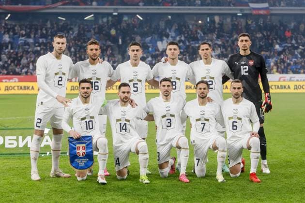 Russia v Serbia - International Friendly, Länderspiel, Nationalmannschaft (L to R) Top row: Strahinja Pavlovic, Strahinja Erakovic, Sasa Zdjelar, Luka Jovic, Sasa Lukic, Djordje Petrovic; bottom row: Dusan Tadic, Andrija Zivkovic, Filip Mladenovic, Mijat Gacinovic and Milan Gajic of Serbia pose for a photo before the international friendly match between Russia and Serbia on March 21, 2024 at Dynamo Central Stadium in Moscow, Russia. Moscow Russia  Copyright: xMikexKireevx originalFilename:kireev-russiavs240321_npXBy.jpg