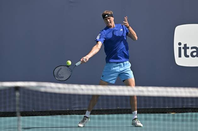 MIAMI GARDENS, FL - MARCH 21: Alexander Zverev (Germany) is seen during practice during the Miami Open on March 21, 2024, at Hard Rock Stadium in Miami Gardens, FL. (Photo by Michele Eve Sandberg Icon Sportswire) TENNIS: MAR 21 Miami Open EDITORIAL USE ONLY Icon240321032