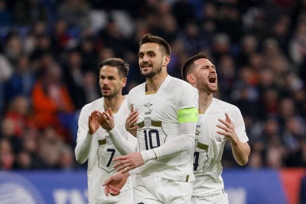 Russia v Serbia - International Friendly, Länderspiel, Nationalmannschaft (L to R) Mijat Gacinovic, Dusan Tadic and Andrija Zivkovic of Serbia react during the international friendly match between Russia and Serbia on March 21, 2024 at Dynamo Central Stadium in Moscow, Russia. Moscow Russia  Copyright: xMikexKireevx originalFilename:kireev-russiavs240321_npth7.jpg