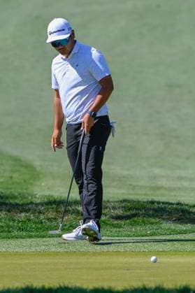 PALM HARBOR, FL - MARCH 21: Ryo Hisatsune (JPN) reactds to barely missing his birdie putt from just off the green on 5 during Rd1 of the Valspar Championship at Innisbrook Resort - Copperhead, on March 21, 2024, in Palm Harbor, Florida. (Photo by Ken Murray Icon Sportswire) GOLF: MAR 21 PGA, Golf Herren Valspar Championship EDITORIAL USE ONLY Icon2403210671