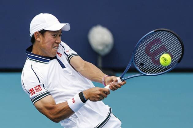 Sport Bilder des Tages Tennis: Miami Open Kei Nishikori of Japan plays against Sebastian Ofner of Austria in the first round of the men s singles at the Miami Open tennis tournament in Miami, Florida, on March 21, 2024.  A14AA0002624367P