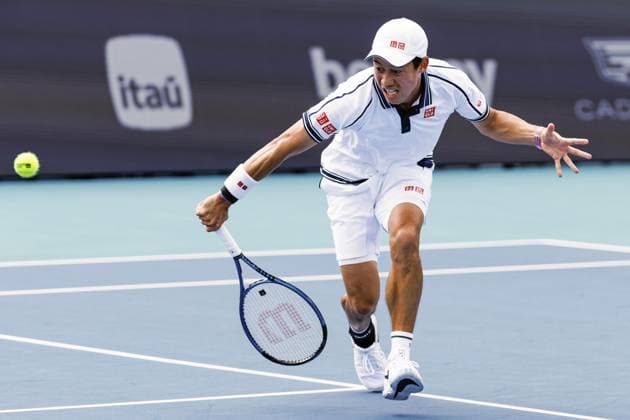 Tennis: Miami Open Kei Nishikori of Japan plays against Sebastian Ofner of Austria in the first round of the men s singles at the Miami Open tennis tournament in Miami, Florida, on March 21, 2024.  A14AA0002624369P