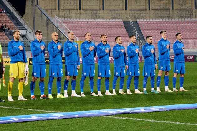 TA™ QALI, MALTA - MARCH 21: Slovenia national soccer team players stand to their county™s national anthem ahead of the friendly international soccer match between Malta and Slovenia at the National Stadium, in Ta Qali, Malta, on 21 March 2024. Malta v Slovenia - Soccer Friendly international match, Länderspiel, Nationalmannschaft