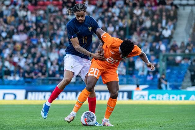 Bradley Barcola (Equipe de France U21, U 21 FOOTBALL : France U21 vs Cote dÂ’Ivoire U21 - Amical international - 22 03 2024 BaptisteAutissier Panoramic 