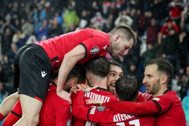 The Georgian players celebrates after the goal scored by Budu Zivzivadze during the UEFA European Championship, EM, Europameisterschaft Qualifying match between Georgia and Luxembourg at the The Boris Paitchadze Dinamo Arena on March 21, 2024 in Tbilisi, Georgia. Tbilisi Boris Paitchadze Dinamo Arena, Akaki Tsereteli Avenue, Didube, Tbilisi, 0112, Georgia Georgia Copyright: xArturxStabulnieksx 403119
