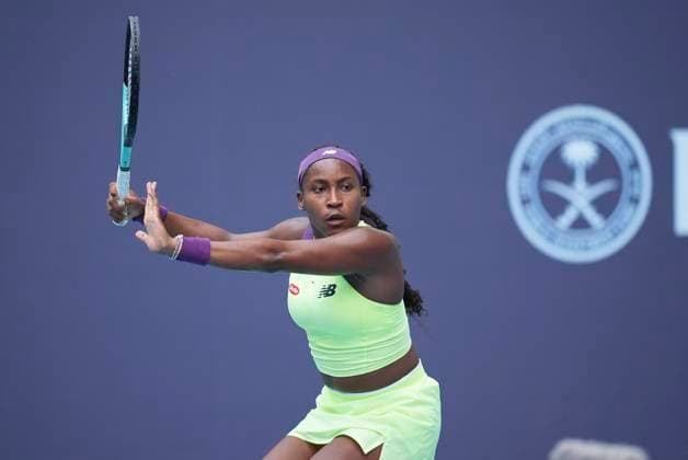 March 22, 2024, Miami, Florida, USA: Coco Gauff (USA) hits a forehand against Nadia Podoroska (Argentina) during the second round of womenÃ¢â‚¬â ¢s singles at the Miami Open tennis tournament. Gauff won the match 6-1, 6-2. Miami USA - ZUMAd212 20240322_zsp_d212_003 Copyright: xRichardxDolex