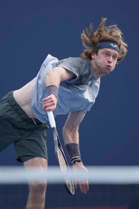 March 22, 2024, Miami, Florida, USA: Andrey Rublev hits a serve against Tomas Machac during the second round of menÃ¢â‚¬â ¢s singles at the Miami Open tennis tournament. Machac won the match 6-4, 6-4. Miami USA - ZUMAd212 20240322_zsp_d212_004 Copyright: xRichardxDolex