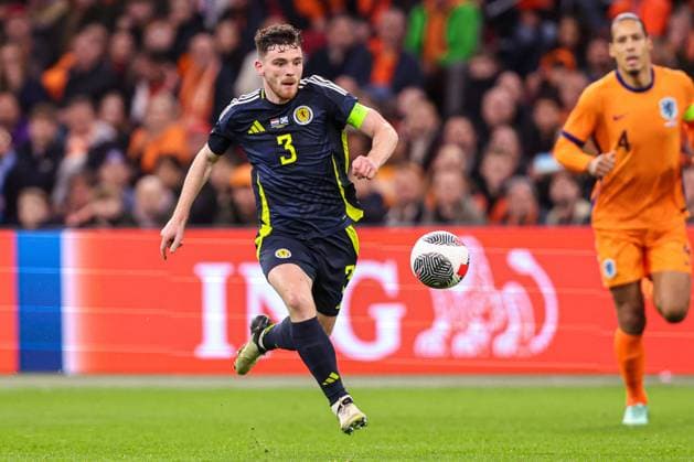 2024-03-22 Netherlands v Scotland - International Friendly, Länderspiel, Nationalmannschaft AMSTERDAM, NETHERLANDS - MARCH 22: Andrew Robertson of Scotland dribbles during the International Friendly match between Netherlands and Scotland at Johan Cruijff ArenA on March 22, 2024 in Amsterdam, Netherlands. (Photo by Peter Lous BSR Agency) Amsterdam Netherlands Content not available for redistribution in The Netherlands directly or indirectly through any third parties. Copyright: xBSRxAgencyx