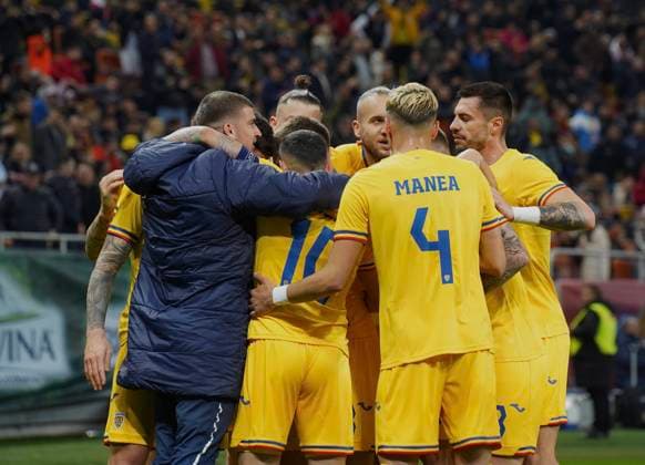 UEFA Friendly: Romania vs. Northern Ireland Dennis Man scores the equalizer and celebrates with teammates Valentin Mihaila, Nicolae Stanciu, Andrei Burca, George Puscas, Radu Dragusin, and Cristian Manea during the UEFA EURO, EM, Europameisterschaft,Fussball Friendly match between Romania and Northern Ireland on March 22 2024, in Bucharest, Romania Bucharest National Arena Bucharest Romania Copyright: xAlexandraxFechetex IMAGO_fechete_0059