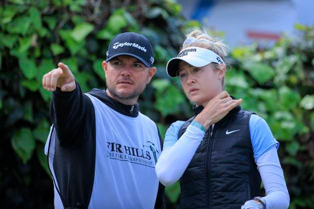 March 22, 2024, Palos Verdes, California, USA: Nelly Korda talks with her caddy before teeing off for Round 2 of the Fir Hills Seri Pak Championship on Friday March 22, 2024 at the Palos Verdes Golf Club in Palos Verdes, California. JAVIER ROJAS PI Palos Verdes USA - ZUMAp124 20240322_zaa_p124_061 Copyright: xJavierxRojasx