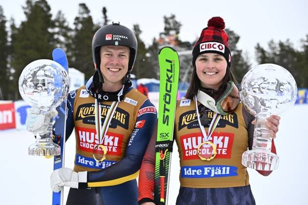 Sport Themen der Woche KW12 Sport Bilder des Tages Idre 20240323 David Mobärg, Sverige och Marielle Thompson, Kanada, star som segrare i den totala världscupen efter sina respektive vinster i lördagens världscuptävlingar i skicross pa Idre Fjäll. Idre Sverige x10040x *** Idre 20240323 David Mobärg, Sweden, and Marielle Thompson, Canada, are the overall World Cup winners after their respective victories in Saturdays World Cup ski cross races at Idre Fjäll Idre Sweden x10040x  Copyright: xAndersxWiklund TTx SKICROSS VÄRLDSCUPEN IDRE FJÄLL