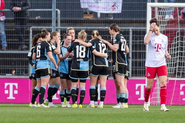 GOOGLE PIXEL Frauen-Bundesliga: 1. FC Köln - 1. FC Nürnberg, 23.03.2024 Jubel nach dem Tor zum 0:1. durch Lara Schmidt (1. FC Nürnberg, 27). GOOGLE PIXEL Frauen-Bundesliga, 1. FC Köln - 1. FC Nürnberg, 17. Spieltag, am 23.03.2024, Franz-Kremer-Stadion, Köln DFL regulations prohibit any use of photographs as image sequences and or quasi-video Copyright: xBEAUTIFULxSPORTS Meuselx