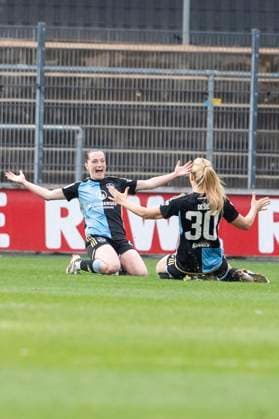 GOOGLE PIXEL Frauen-Bundesliga: 1. FC Köln - 1. FC Nürnberg, 23.03.2024 Vanessa Haim (1. FC Nürnberg, 19) und Medina Desic (1. FC Nürnberg, 30) bejubeln das Tor zum 0:2. GOOGLE PIXEL Frauen-Bundesliga, 1. FC Köln - 1. FC Nürnberg, 17. Spieltag, am 23.03.2024, Franz-Kremer-Stadion, Köln DFL regulations prohibit any use of photographs as image sequences and or quasi-video Copyright: xBEAUTIFULxSPORTS Meuselx