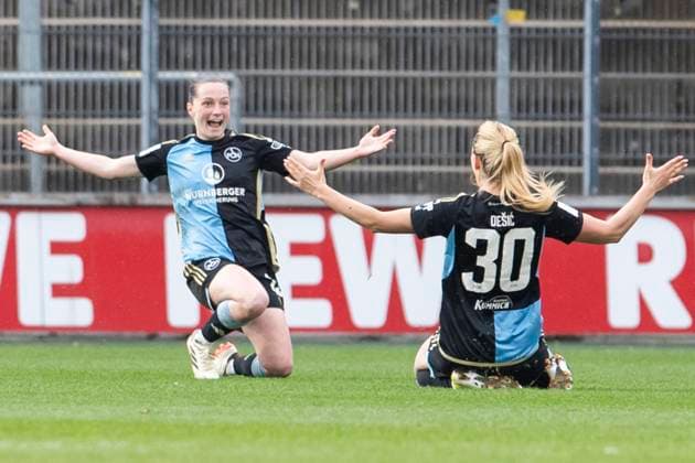 Sport Bilder des Tages GOOGLE PIXEL Frauen-Bundesliga: 1. FC Köln - 1. FC Nürnberg, 23.03.2024 Vanessa Haim (1. FC Nürnberg, 19) und Medina Desic (1. FC Nürnberg, 30) bejubeln das Tor zum 0:2. GOOGLE PIXEL Frauen-Bundesliga, 1. FC Köln - 1. FC Nürnberg, 17. Spieltag, am 23.03.2024, Franz-Kremer-Stadion, Köln DFL regulations prohibit any use of photographs as image sequences and or quasi-video Copyright: xBEAUTIFULxSPORTS Meuselx