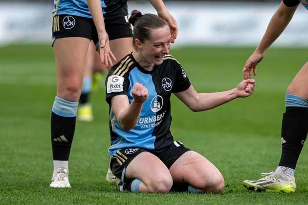 Vanessa Haim (1. FC Nuernberg, 19) bejubelt ihr Tor zum 2:0. Fussball: Google Pixel Frauen-Bundesliga, Saison 2023 2024, 16. Spieltag, 1. FC Koeln - 1. FC Nuernberg am 23.03.2024 im Franz-Kremer-Stadion in Koeln. Wichtiger Hinweis: Gemaess den Vorgaben der DFL Deutsche Fussball Liga bzw. des DFB Deutscher Fussball-Bund ist es untersagt, in dem Stadion und oder vom Spiel angefertigte Fotoaufnahmen in Form von Sequenzbildern und oder videoaehnlichen Fotostrecken zu verwerten bzw. verwerten zu lassen. Foto: Kirchner-Media TH Copyright: xKirchner-Media THx