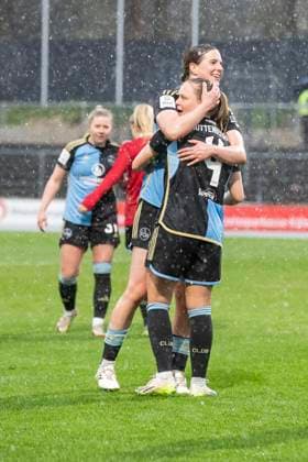 GOOGLE PIXEL Frauen-Bundesliga: 1. FC Köln - 1. FC Nürnberg, 23.03.2024 Lara Schmidt (1. FC Nürnberg, 27) und Luisa Guttenberger (1. FC Nürnberg, 4) bejubeln den Sieg. GOOGLE PIXEL Frauen-Bundesliga, 1. FC Köln - 1. FC Nürnberg, 17. Spieltag, am 23.03.2024, Franz-Kremer-Stadion, Köln DFL regulations prohibit any use of photographs as image sequences and or quasi-video Copyright: xBEAUTIFULxSPORTS Meuselx
