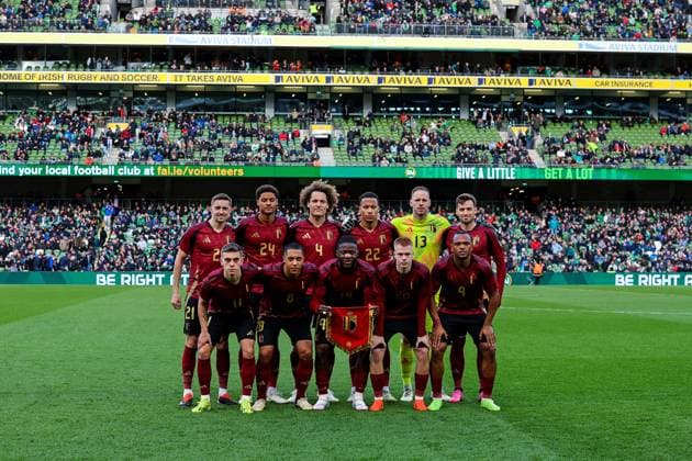 Belgien Mannschaftsbild (hi. V. li.) Timothy Castagne, Koni De Winter, Wout Faes, Aster Vranckx, Matz Sels, Olivier Deman; (vorn v. li.) Leandro Trossard, Youri Tielemans, Johan Bakayoko, Arthur Vermeeren, Lois Openda International Friendly, Länderspiel, Nationalmannschaft Aviva Stadium, Dublin 23 3 2024 Belgium The Belgium team ahead of the game The Belgium team ahead of the game 23 3 2024  Copyright: x INPHO JamesxCrombiex JGR12344