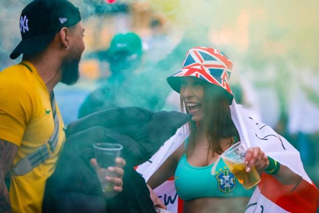 23rd March 2024; Wembley Stadium, London, England; International Football Friendly, England versus Brazil; Brazilian fans enjoy the atmosphere outside Wembley Stadium before kick off  ActionPlus12621173 GrahamxWilson
