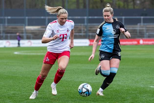 GOOGLE PIXEL Frauen-Bundesliga: 1. FC Köln - 1. FC Nürnberg, 23.03.2024 Marleen Schimmer (1. FC Köln, 23), Selma Magnusdottir (1. FC Nürnberg, 37). GOOGLE PIXEL Frauen-Bundesliga, 1. FC Köln - 1. FC Nürnberg, 17. Spieltag, am 23.03.2024, Franz-Kremer-Stadion, Köln DFL regulations prohibit any use of photographs as image sequences and or quasi-video Copyright: xBEAUTIFULxSPORTS Meuselx