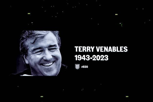 23rd March 2024; Wembley Stadium, London, England; International Football Friendly, England versus Brazil; The big screen shows a tribute to Terry Venables, former England manager, who died in November 2023  ActionPlus12621249 GrahamxWilson