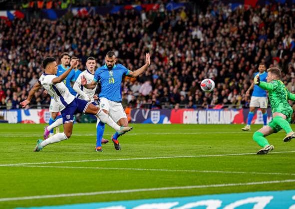 England v Brazil Friendly 23 03 2024. Ollie Watkins (9) of England shoots towards the goal during the Friendly match between England and Brazil at Wembley Stadium, London, England on 23 March 2024. Editorial use only , Copyright: xNigelxKeenex PSI-19285-0013