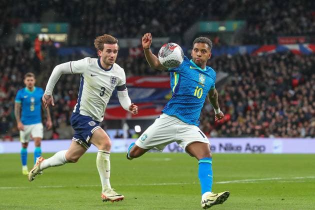 International Friendly, Länderspiel, Nationalmannschaft England v Brazil Rodrygo of Brazil takes a shot on goal during the International Friendly match England vs Brazil at Wembley Stadium, London, United Kingdom, 23rd March 2024 (Photo by Gareth Evans News Images) London Wembley Stadium Greater London United Kingdom Copyright: xGarethxEvans NewsxImagesx