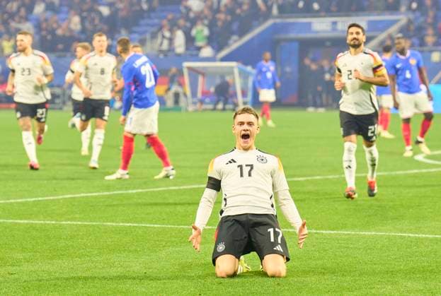 Bilder des Jahres 2024, Sport 03 März Sport Themen der Woche KW12 Sport Bilder des Tages Florian Wirtz, Nr. 17 DFB scores, shoots goal , Tor, Treffer, Torschuss, 1-0, celebrates his goal, happy, laugh, celebration, in the friendly match FRANCE - GERMANY FRANKREICH - DEUTSCHLAND in preparation for European Championships 2024 on Mar 23, 2024 in Lyon, France.