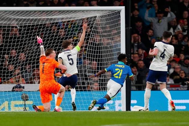 23rd March 2024; Wembley Stadium, London, England; International Football Friendly, England versus Brazil; England appeal for offside as Endrick of Brazil scores after 80 minutes (0-1)  ActionPlus12621324 GrahamxWilson