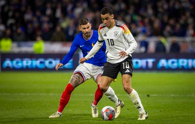 Lyon, France. 23rd Mar 2024. Jamal Musiala (Deutschland) Lucas Hernandez (FRA) Frankreich - Deutschland France - Germany 23.03.2024