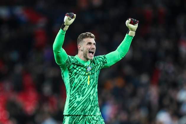 England v Brazil Brazil goalkeeper Bento celebrates his sides GOAL 0-1 during the England v Brazil International Friendly, Länderspiel, Nationalmannschaft match at Wembley Stadium, London, England, United Kingdom on 23 March 2024 Editorial use only. All images are copyright Every Second Media Limited. No images may be reproduced without prior permission. Copyright: xIMAGO EveryxSecondxMediax ESM-0964-0043