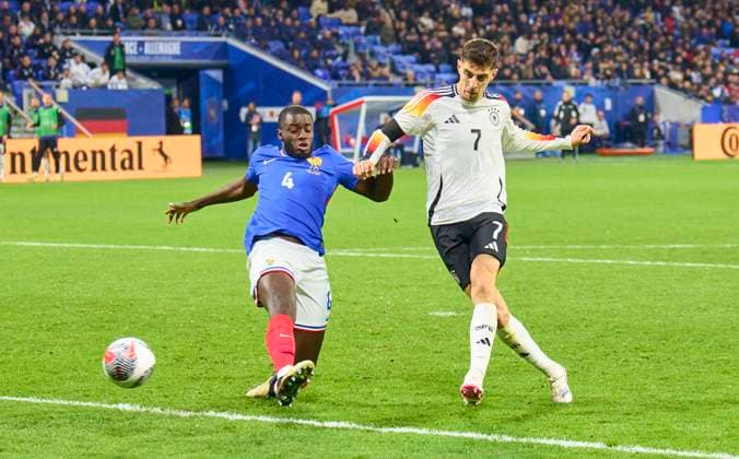 Kai Havertz, DFB 7 scores, shoots goal , Tor, Treffer, Torschuss, 2-0 , Dayot Upamecano, FRA 4 in the friendly match FRANCE - GERMANY FRANKREICH - DEUTSCHLAND in preparation for European Championships 2024 on Mar 23, 2024 in Lyon, France.