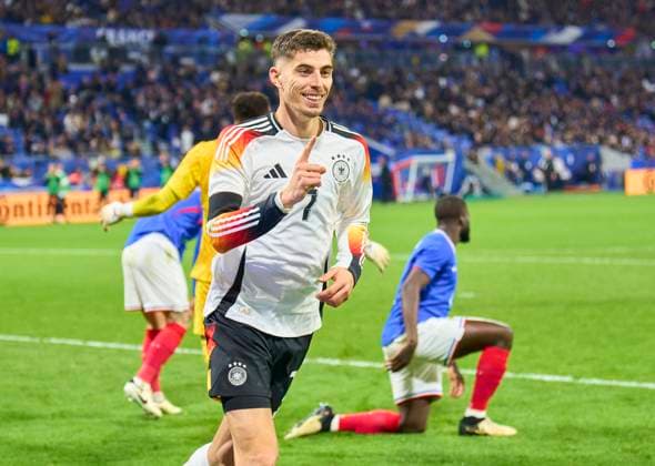 Kai Havertz, DFB 7 scores, shoots goal , Tor, Treffer, Torschuss, 2-0 , celebrates his goal, happy, laugh, celebration, with Jamal MUSIALA, dfb 10 in the friendly match FRANCE - GERMANY FRANKREICH - DEUTSCHLAND in preparation for European Championships 2024 on Mar 23, 2024 in Lyon, France.