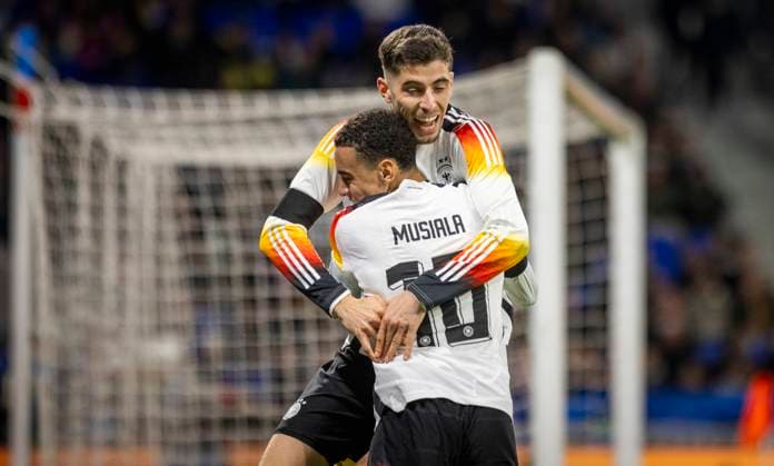Lyon, France. 23rd Mar 2024. Torjubel: Jamal Musiala (Deutschland) Kai Havertz (Deutschland) Frankreich - Deutschland France - Germany 23.03.2024