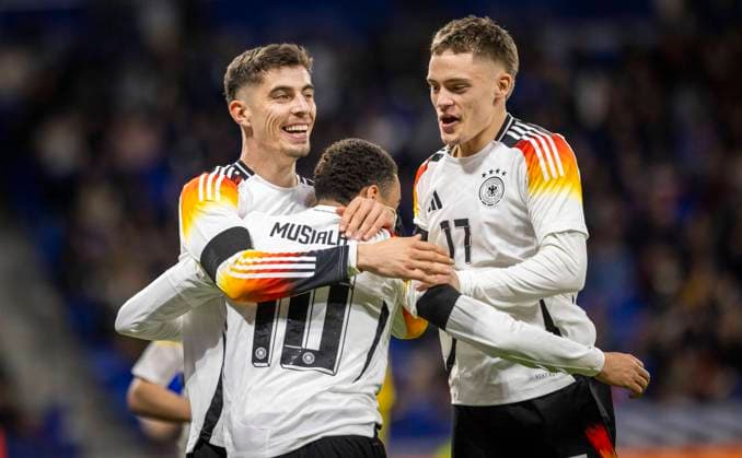 Lyon, France. 23rd Mar 2024. Torjubel: Jamal Musiala (Deutschland) Kai Havertz (Deutschland) Florian Wirtz (Deutschland) Frankreich - Deutschland France - Germany 23.03.2024