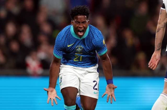 Endrick of Brazil celebrates after he scores the opening goal to put Brazil 1-0 up England v Brazil - International Friendly, Länderspiel, Nationalmannschaft Football, Wembley Stadium. UK. 23 MAR 2024 Editorial use only  Copyright: xJASONPIX Shutterstockx 14399594f